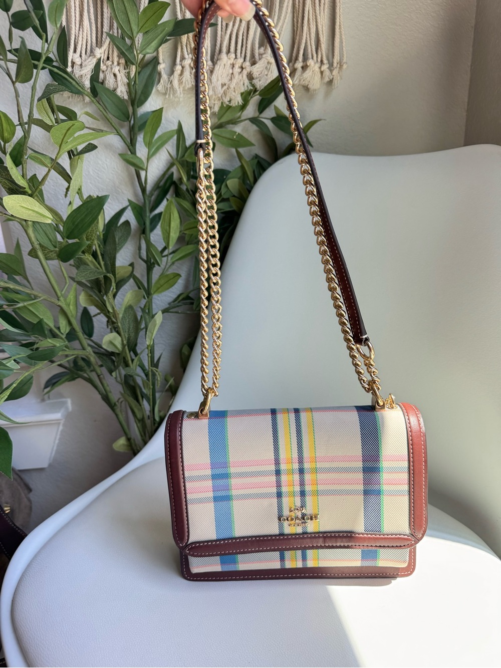 Coach Klare CBI66 Plaid Chain Shoulder Crossbody Bag Cream Brown Leather - Picture 2 of 9